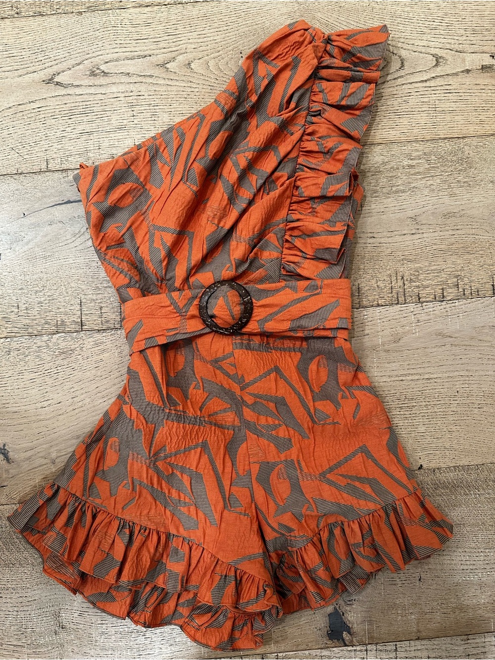 Alexis One Shoulder Romper small Coral / Orange and taupe print - Picture 2 of 3
